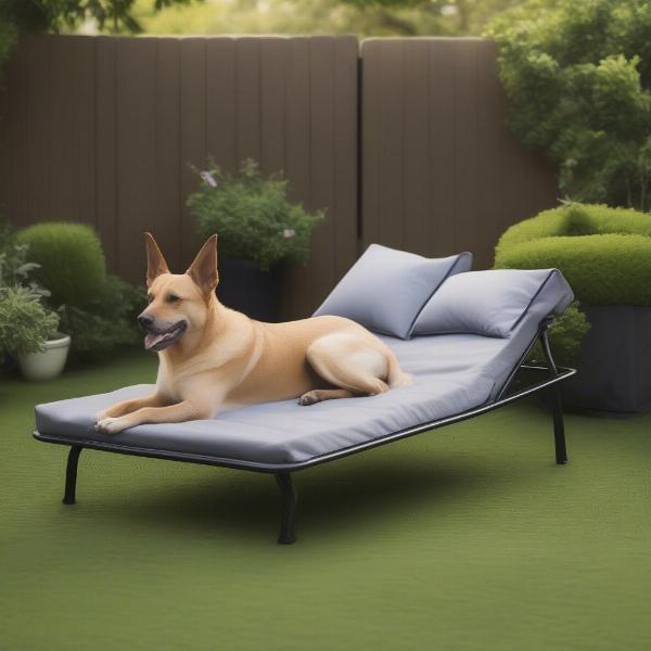 Elevated outdoor dog bed in a garden