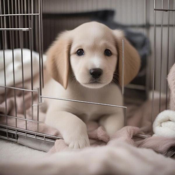 Goberian puppy relaxing in a crate