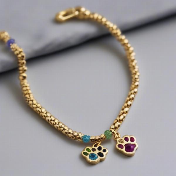 Gold dog paw charm bracelet adorned with colorful gemstones.