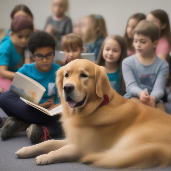 Golden Retriever therapy dog interacting with children