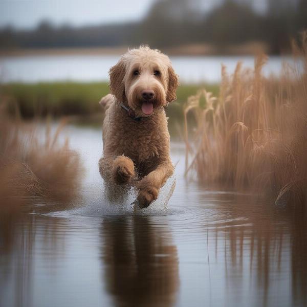 Goldendoodle retrieving a bird from the water