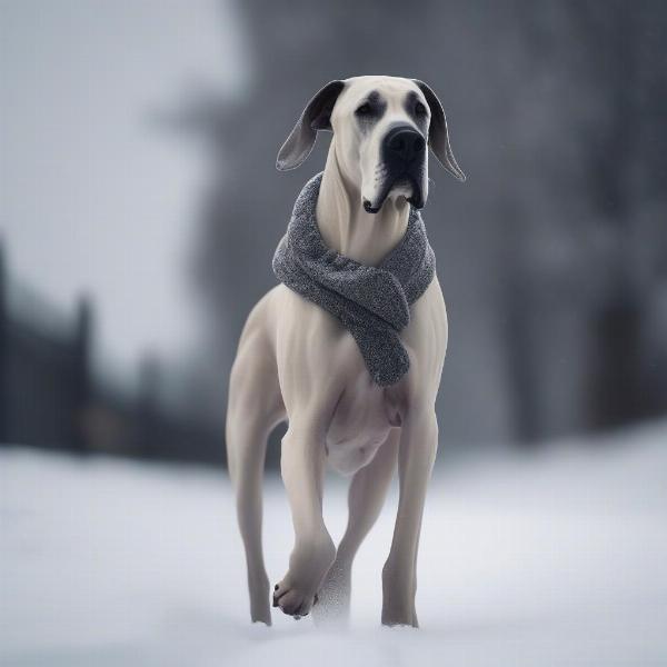 Great Dane Wearing a Coat Walking in Snow