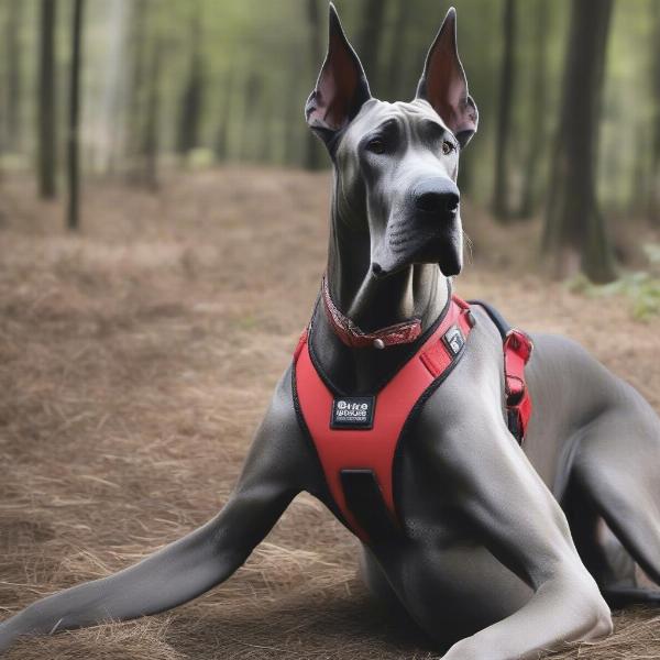 Great Dane wearing a well-fitted harness