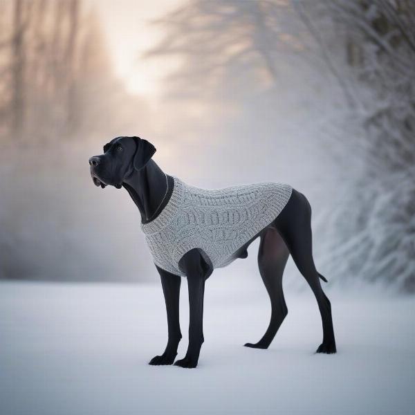 Great Dane wearing a sweater in the snow