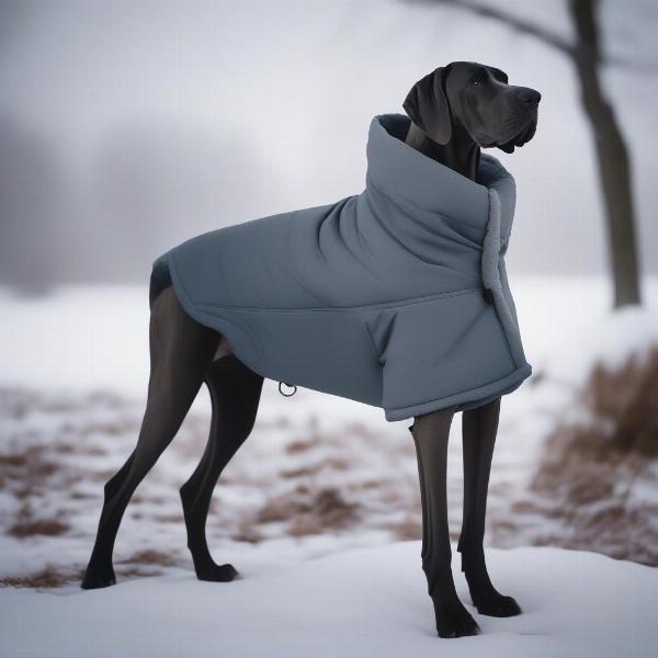 Great Dane wearing a winter coat