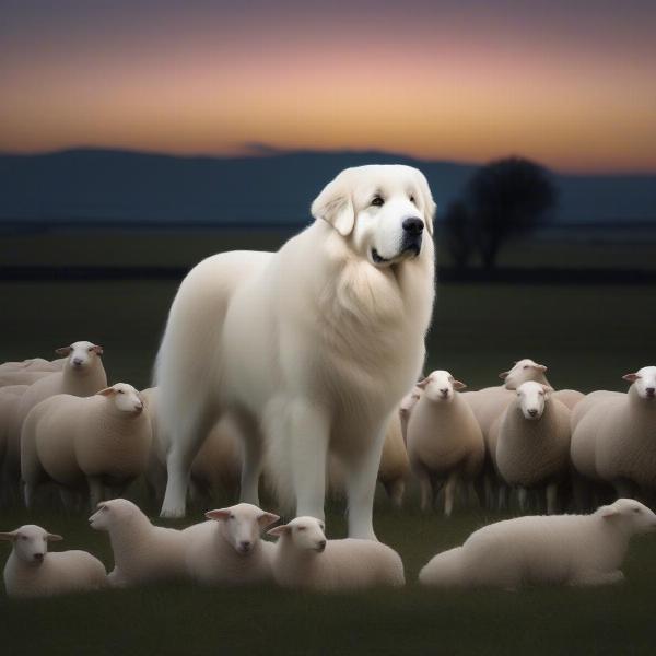 Great Pyrenees guarding sheep at night