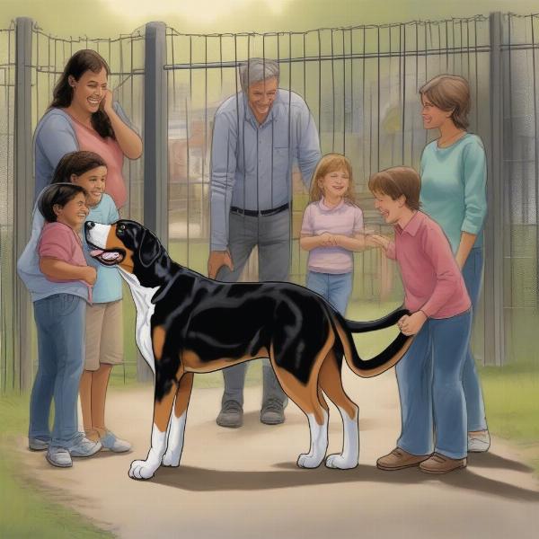 A Greater Swiss Mountain Dog meeting a potential family at a rescue organization.