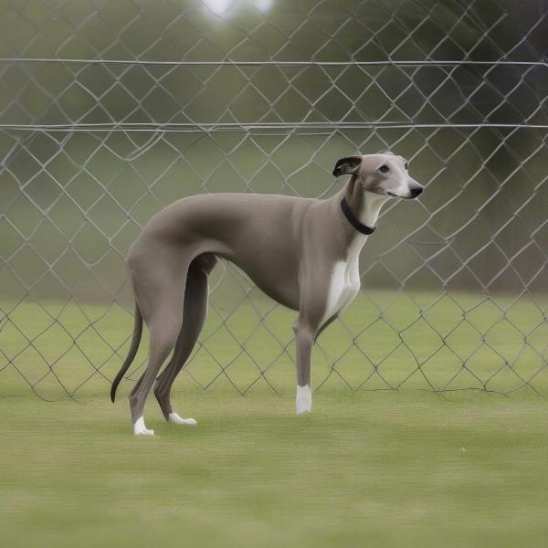 Greyhound playing in a fenced yard