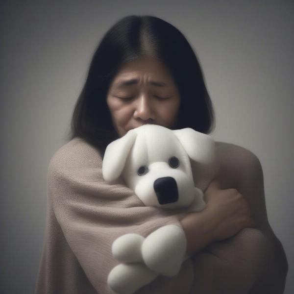 Grieving dog owner hugging their dog's favorite toy.