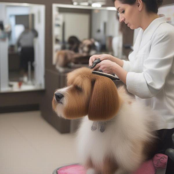 A professional groomer applying hair dye to a dog