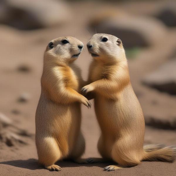 Two prairie dogs interacting playfully