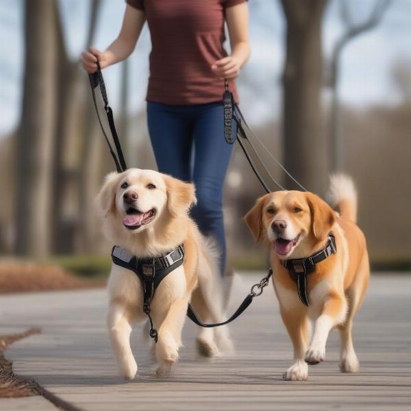 Two dogs walking happily in the park with a hands free leash system