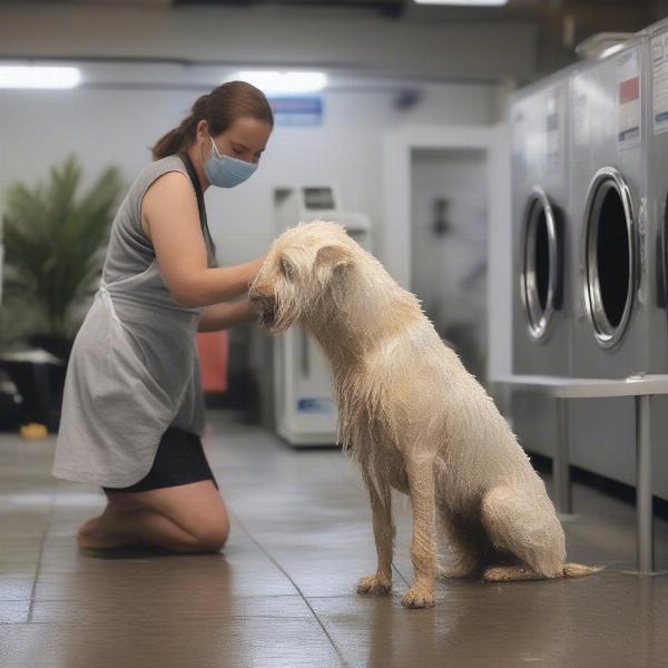 A happy, clean dog being dried after a wash at a Fyshwick dog wash.