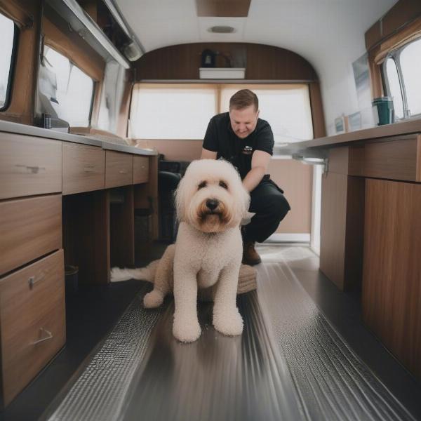 Happy Dog Being Groomed in Mobile Van