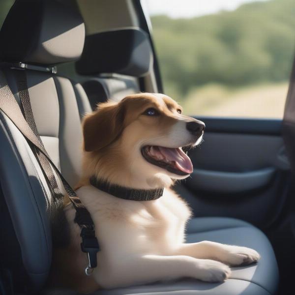 Happy dog in car with seat belt