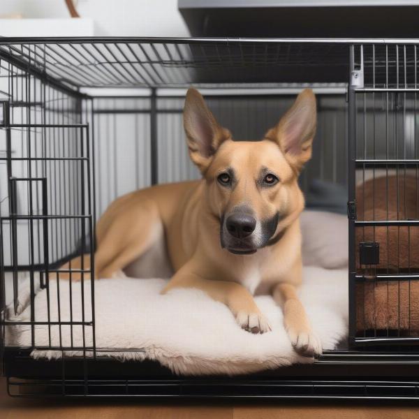 A happy dog relaxing in its crate