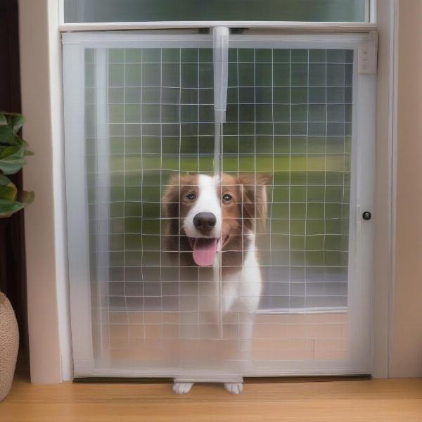 Happy dog looking out the screen door