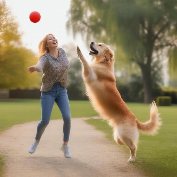 Happy dog owner playing fetch with their dog in a park