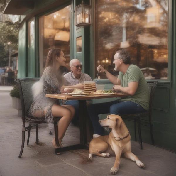 Happy dog and owner enjoying a meal together at a restaurant in SLO