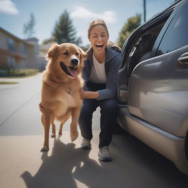 Happy dog returning home from daycare