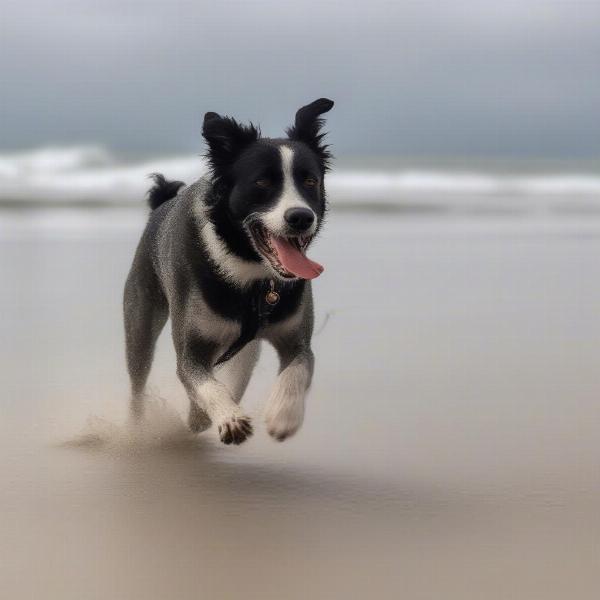 A happy dog running on Pier Park Dog Beach.