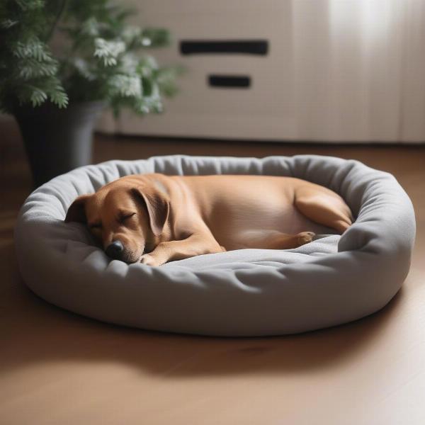 A happy dog sleeping peacefully in an indestructible dog bed