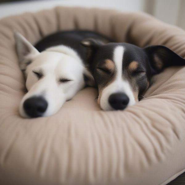 A happy dog sleeping soundly in an Omlet dog bed