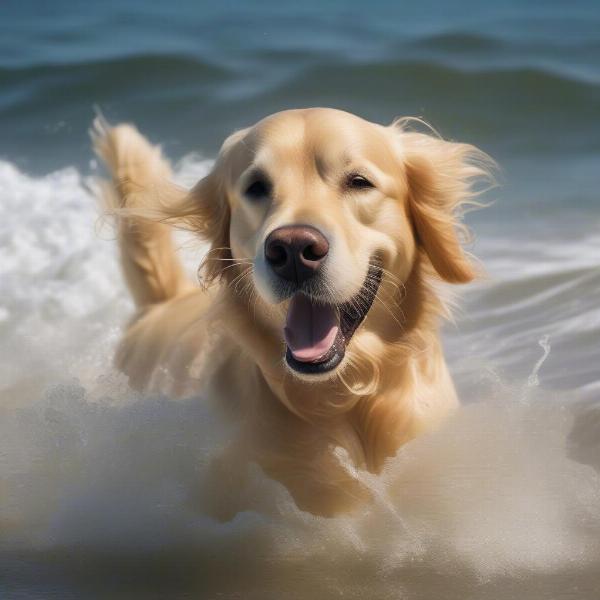 Happy dog swimming in the ocean