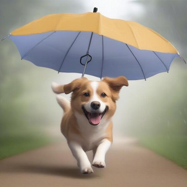 Happy Dog Walking Under Umbrella