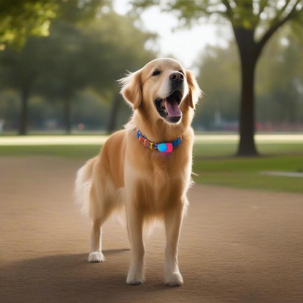 A happy dog wearing an Airtag collar