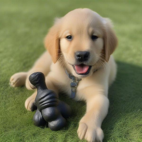 A happy dog playing with a gorilla chew