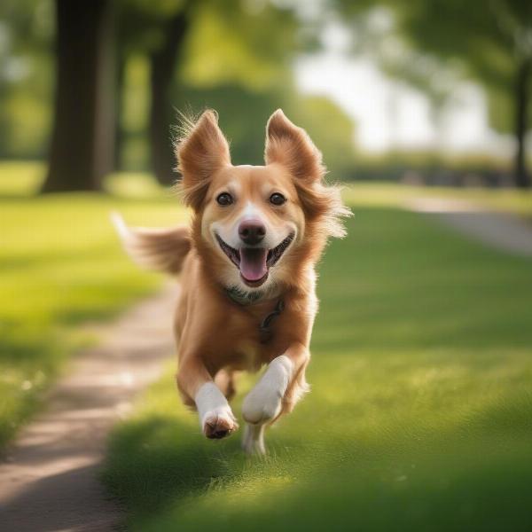 Happy foster dog playing in park: A playful dog running freely in a park, showcasing the joy and benefits of fostering for both the dog and the foster carer.