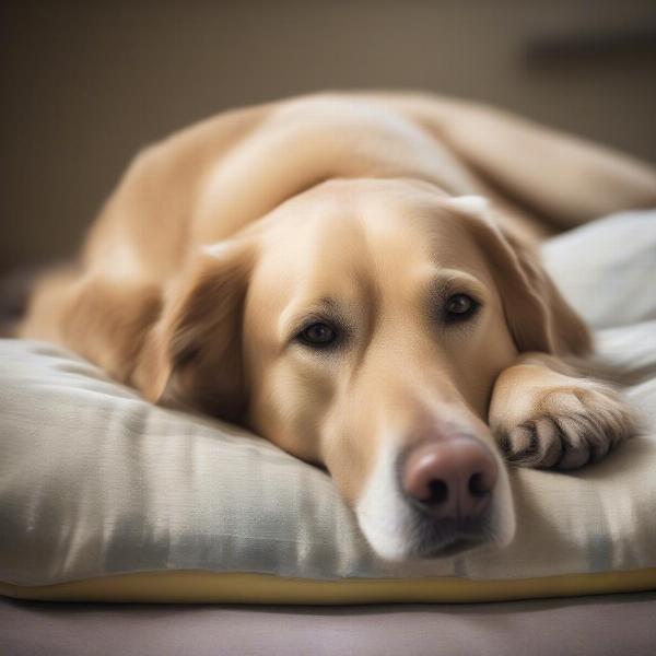 A happy senior dog resting comfortably