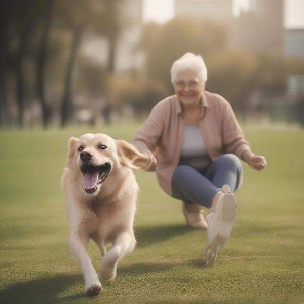 Happy senior dog playing