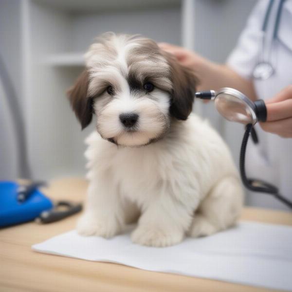 Havanese puppy undergoing a health check with a veterinarian