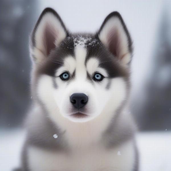 Hazel-Eyed Husky Puppy Sitting in Snow