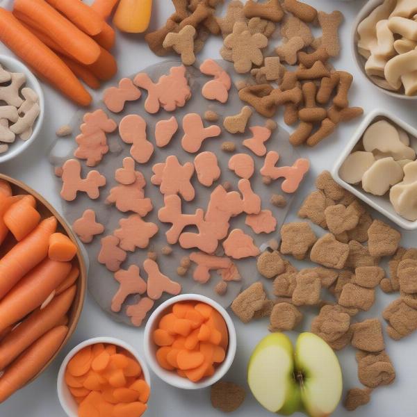 Healthy dog treats like carrots and apples