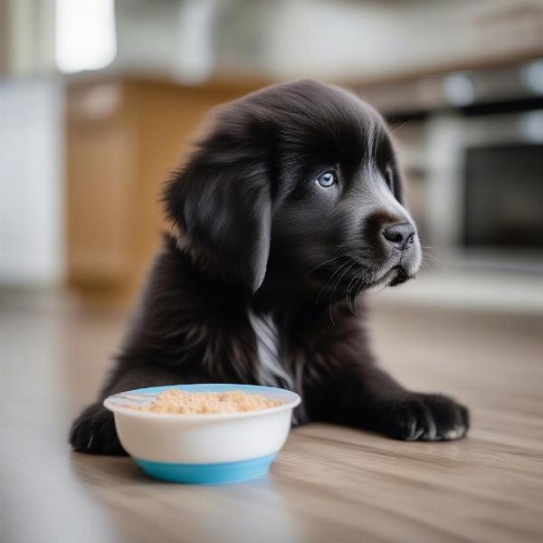 A healthy Newfoundland puppy eating from a bowl in Ohio