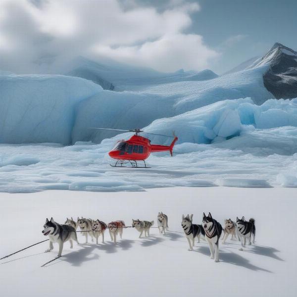 Helicopter landing on a glacier with a dog sled team in the background.