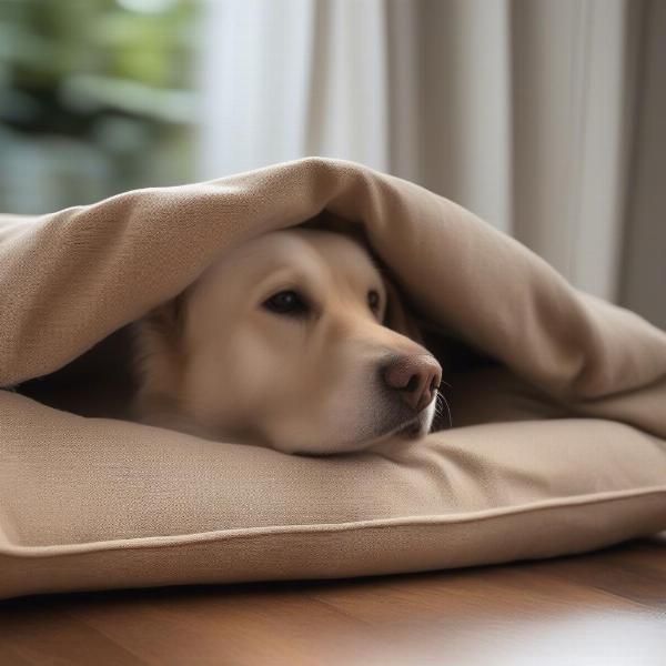 Hessian dog bed cover on a wooden floor