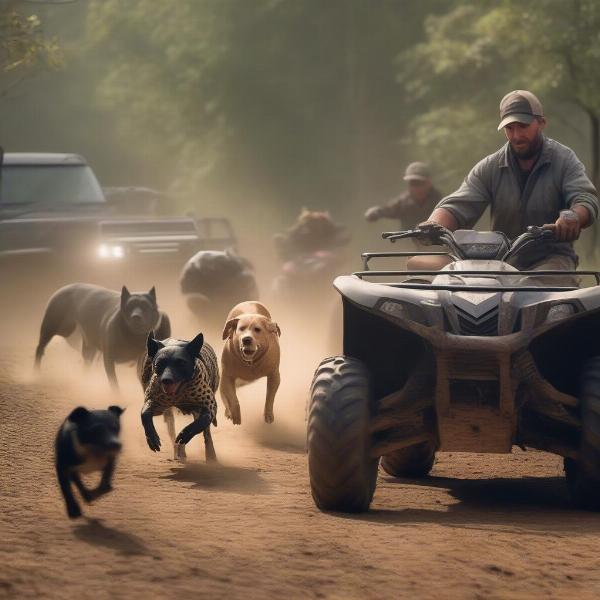 Hog dogs hunting with quads