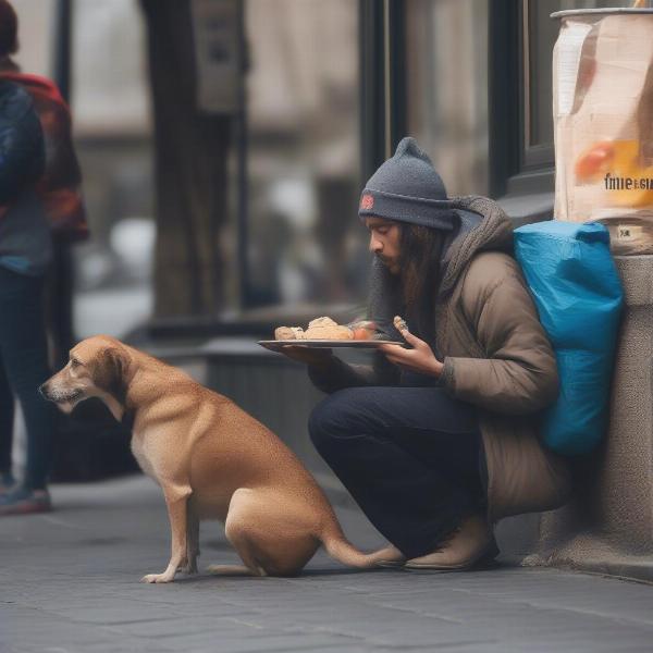 A homeless person feeding their dog.