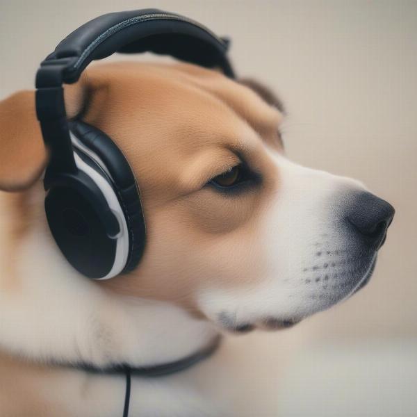 A dog wearing headphones during a training session, focusing on the trainer.