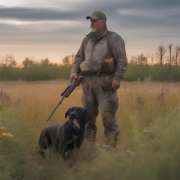 Hunter and Dog in Field with Various Plants