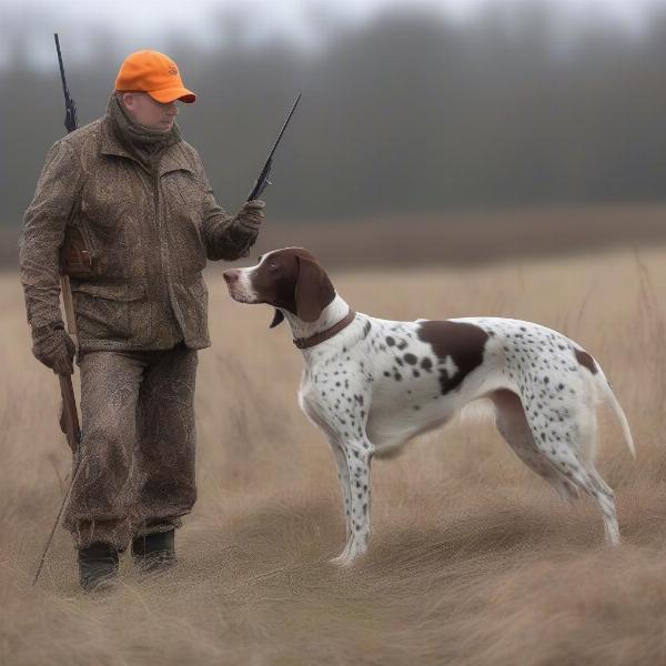 Hunter with Dog Pointing at Partridge