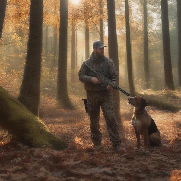 Hunter and Squirrel Dog in the Woods