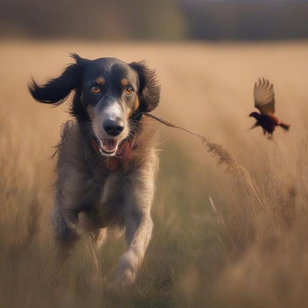 Hunting dog retrieving a bird in a field