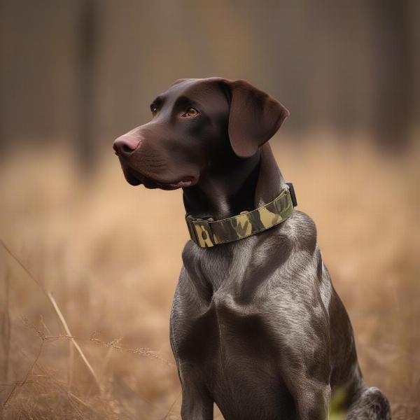 Hunting dog wearing a camo collar in the field