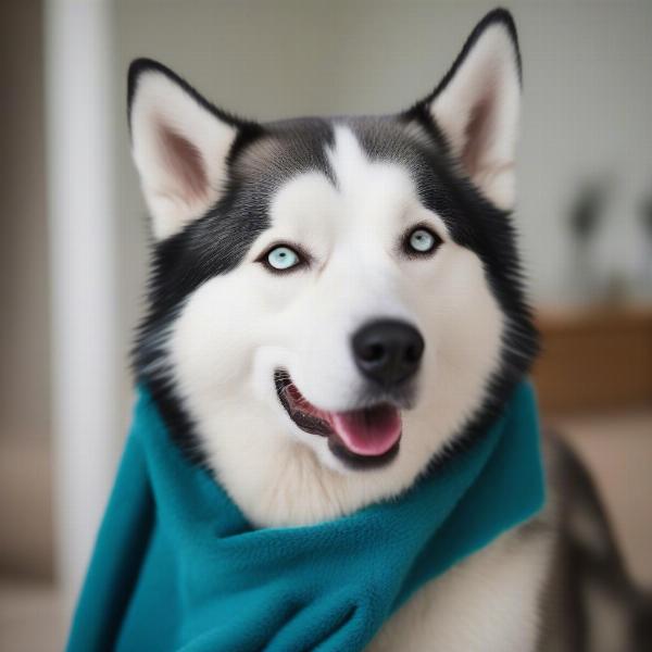 A Husky being dried after a bath