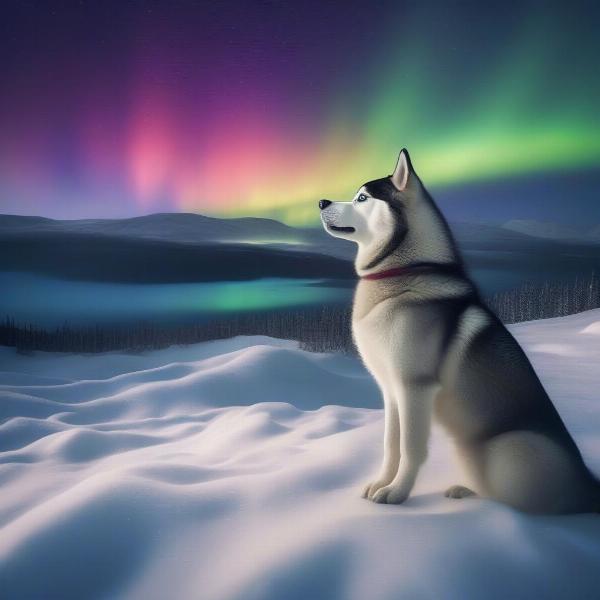 Husky howling under the Northern Lights